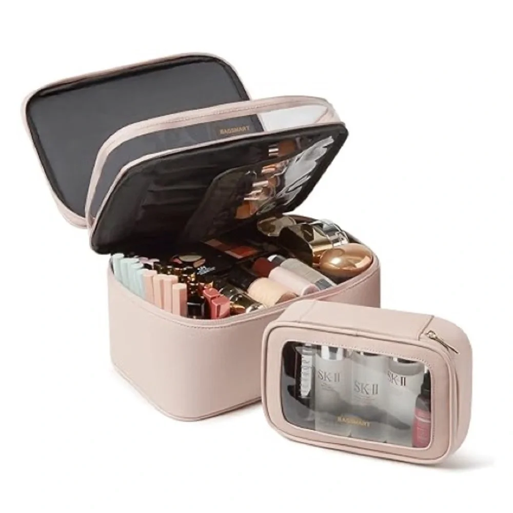 BAGSMART Pink Travel Makeup Bag Large Cosmetic Organizer TSA Case